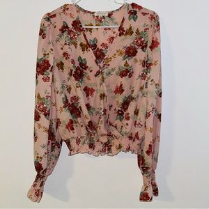 Floral Print Long Sleeve Blouse Pink XL
